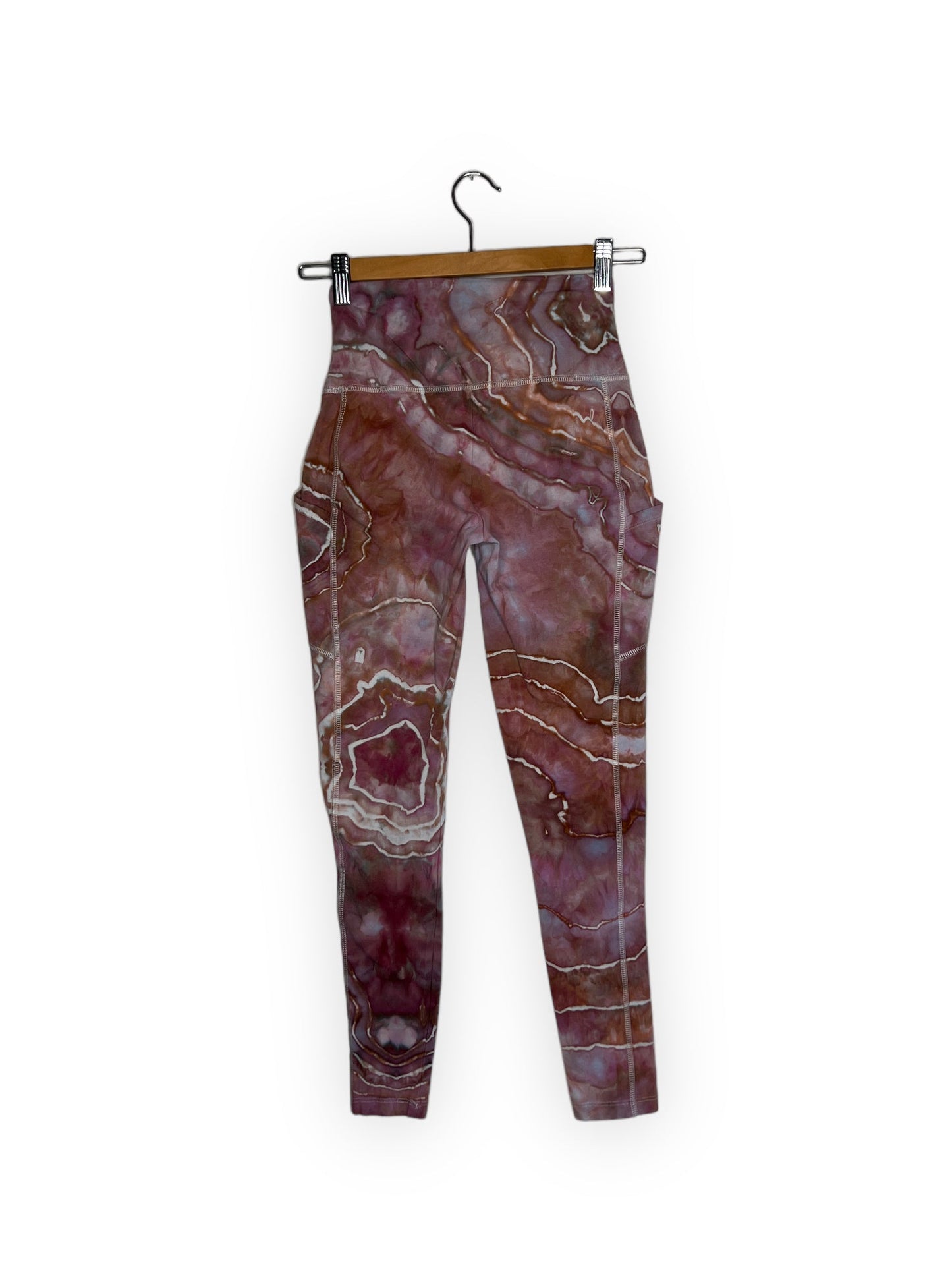 Cotton Compression Yoga Leggings with Pockets - Maroon and Bronze (S)