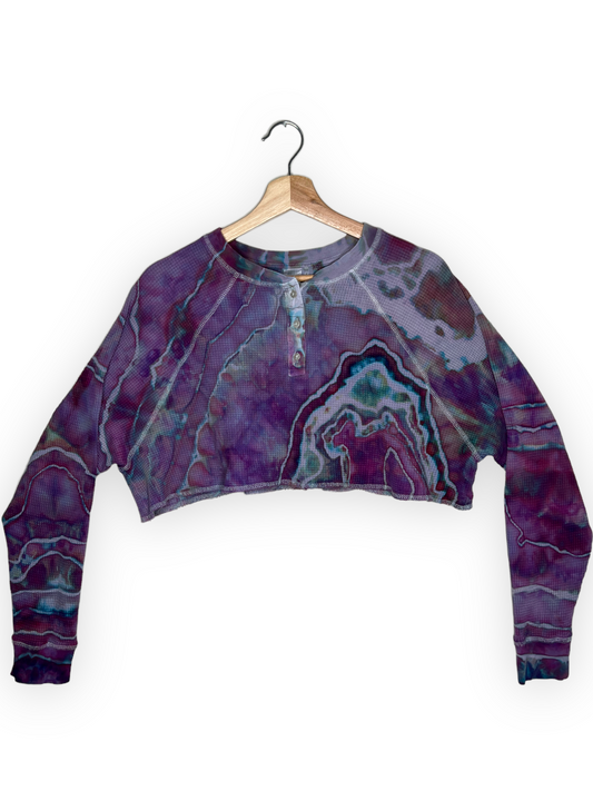 Long-Sleeve Waffle Knit Cropped Shirt - Strawberry Skies (S)