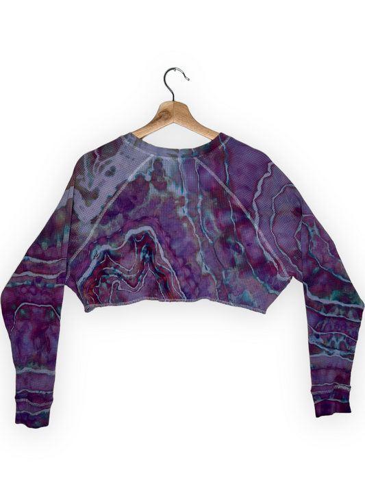 Long-Sleeve Waffle Knit Cropped Shirt - Strawberry Skies (S)