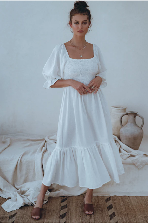 Almeria Smocked Linen Midi Dress (XL)